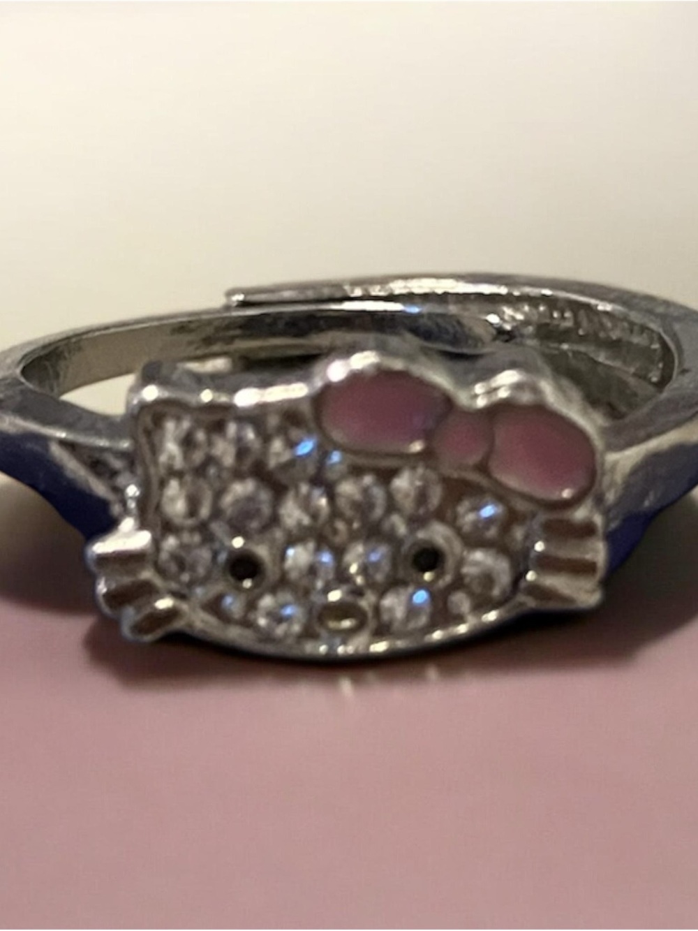 Sanrio Silver Tone Hello Kitty Crystal Face Ring with Pink Bow
